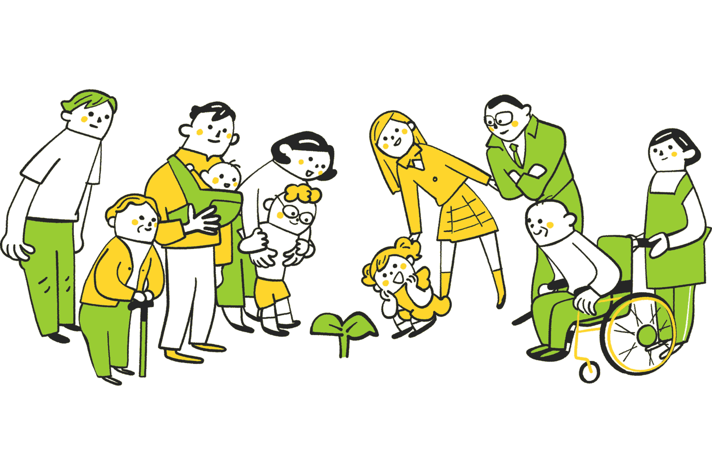 子どもを抱く人、高齢者、車いすの人など多世代の人々が芽を囲むように立つイラスト