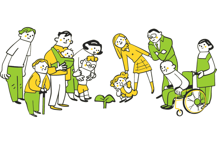 子どもを抱く人、高齢者、車いすの人など多世代の人々が芽を囲むように立つイラスト